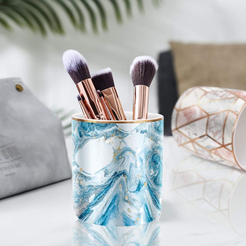WAVEYU Pen Pencil Holder for Desk, Marble Desk Decor Organizer, Durable Ceramic Pencil Cup Holder Marble Design Makeup Cups for Brushes for Office, Classroom, Blue - Image 2